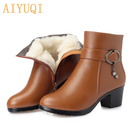 brown wool AIYUQI; Новинка года; женские короткие зимние ботинки из натуральной кожи; женские Ботинки martin большого размера; женские зимние ботинки с подкладкой из австралийской шерсти - Цвет: brown wool