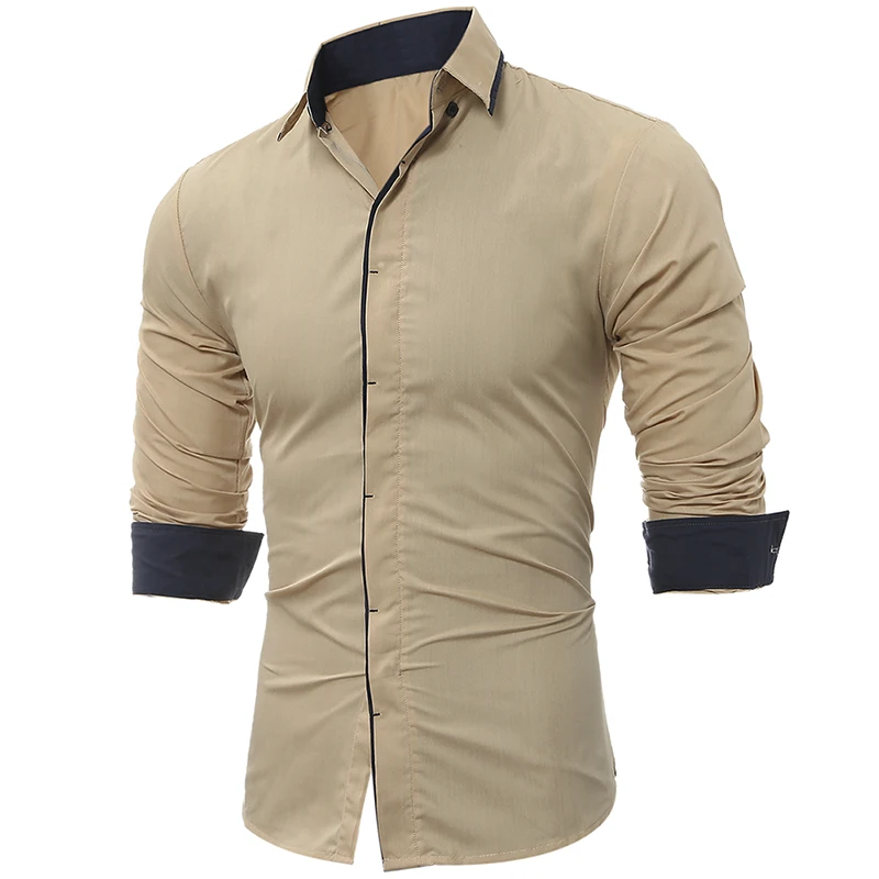 MKASS мужские рубашки Новое поступление Slim Fit Мужская рубашка однотонный хлопковый в британском стиле с длинными рукавами Мужская рубашка M-3XL - Цвет: Хаки