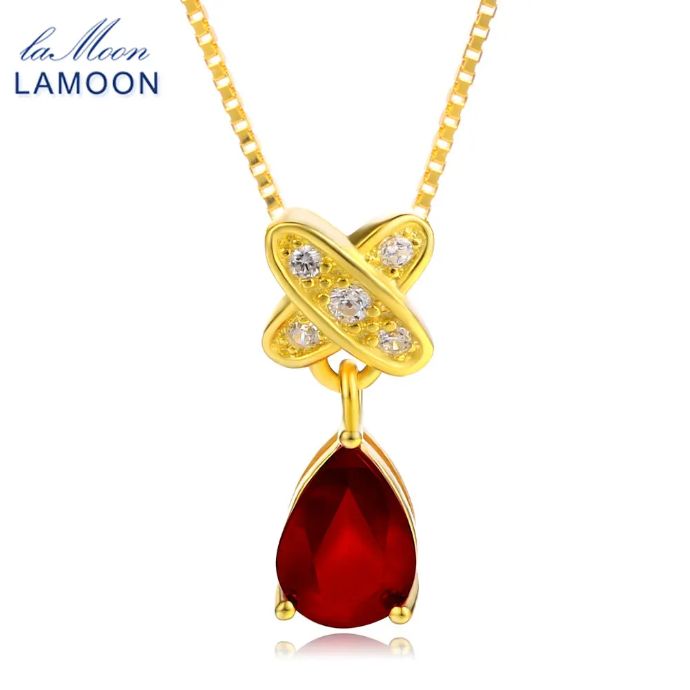 

LAMOON Tears of lovers Natural Water Drop Ruby 925 Sterling Silver Chain Pendant Necklace Jewelry S925 LMNI034