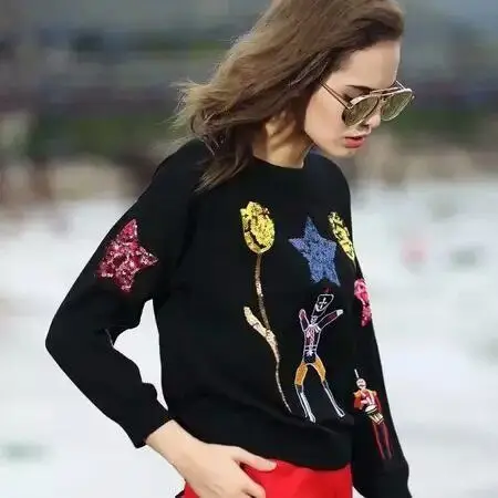 New fall runway heavy sequins embroidery sweater female puppet tulip flower Женская одежда