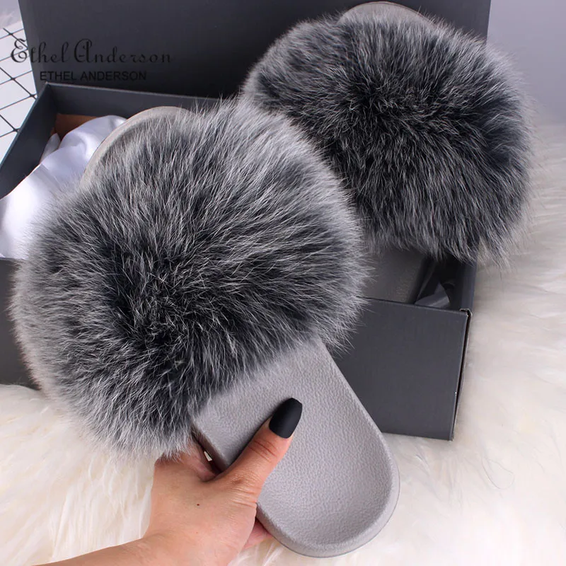 Speckle Black(Grey) Летние женские тапочки с лисьим мехом; шлепанцы с натуральным лисьим мехом; модные меховые Вьетнамки; повседневные пляжные сандалии; Пушистый Плюшевый обувь - Цвет: Speckle Black(Grey)