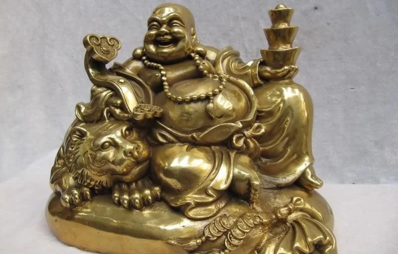 Китайский Превосходный латунный Yuan Bao Ru Yi Maitreya смех Будда сидеть на Тигре мешок
