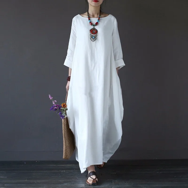 white dress Лето-осень, платья размера плюс, женские, 4xl 5xl, Свободное длинное винтажное платье, богемное платье-рубашка, макси платье, модное женское платье Q293 - Цвет: white dress