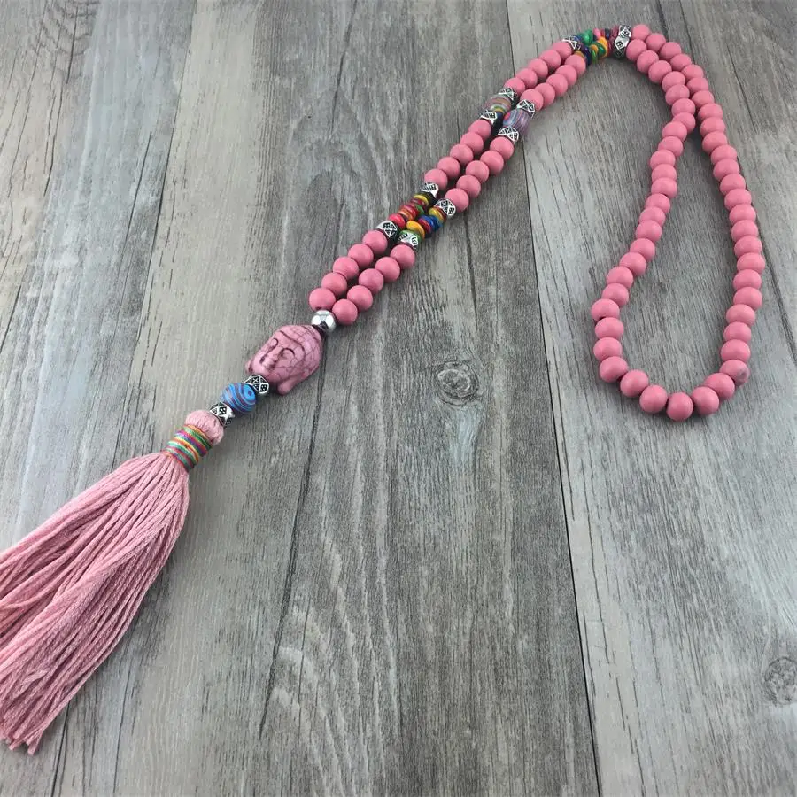 pink Богемные этнические бусины из натурального дерева разноцветное ожерелье из бисера для женщин Длинная кисточка голова Будды для медитации и молитвы ожерелье для йоги - Окраска металла: pink