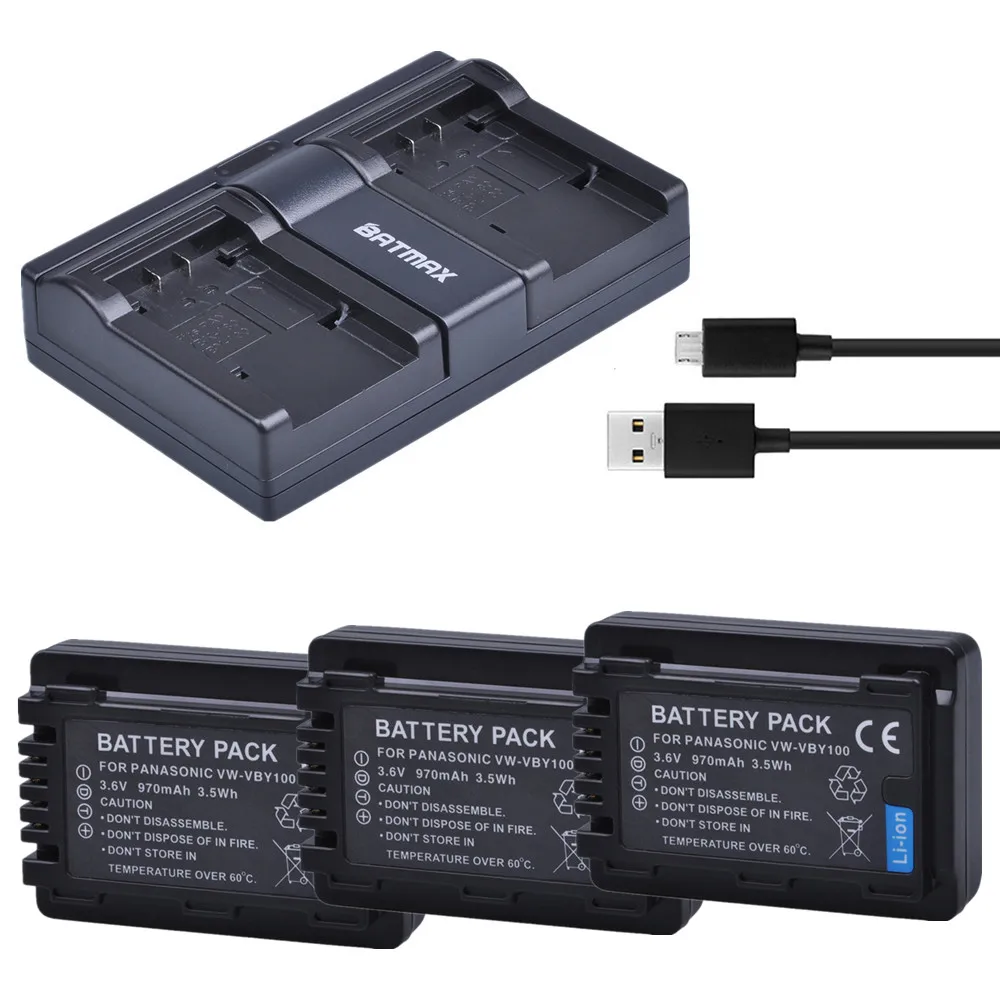 

Batmax 3pc VW-VBY100 VBY100 Li-ion Battery+Dual USB Charger for Panasonic HC-V201 HC-V110 HC-V110GK HC-V110K HC-V110P