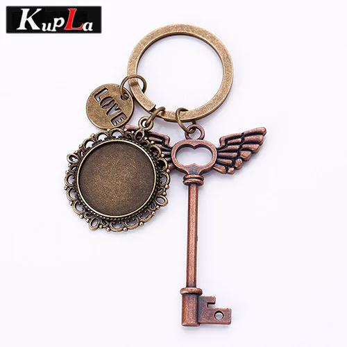 Antique Bronze 3 Винтажные брелки для ключей с крыльями, 20 мм, круглые брелки для ключей с кабошонами, сделай сам, украшения ручной работы, ретро кулон, брелки, 3 шт./лот, C5817 - Цвет: Antique Bronze 3