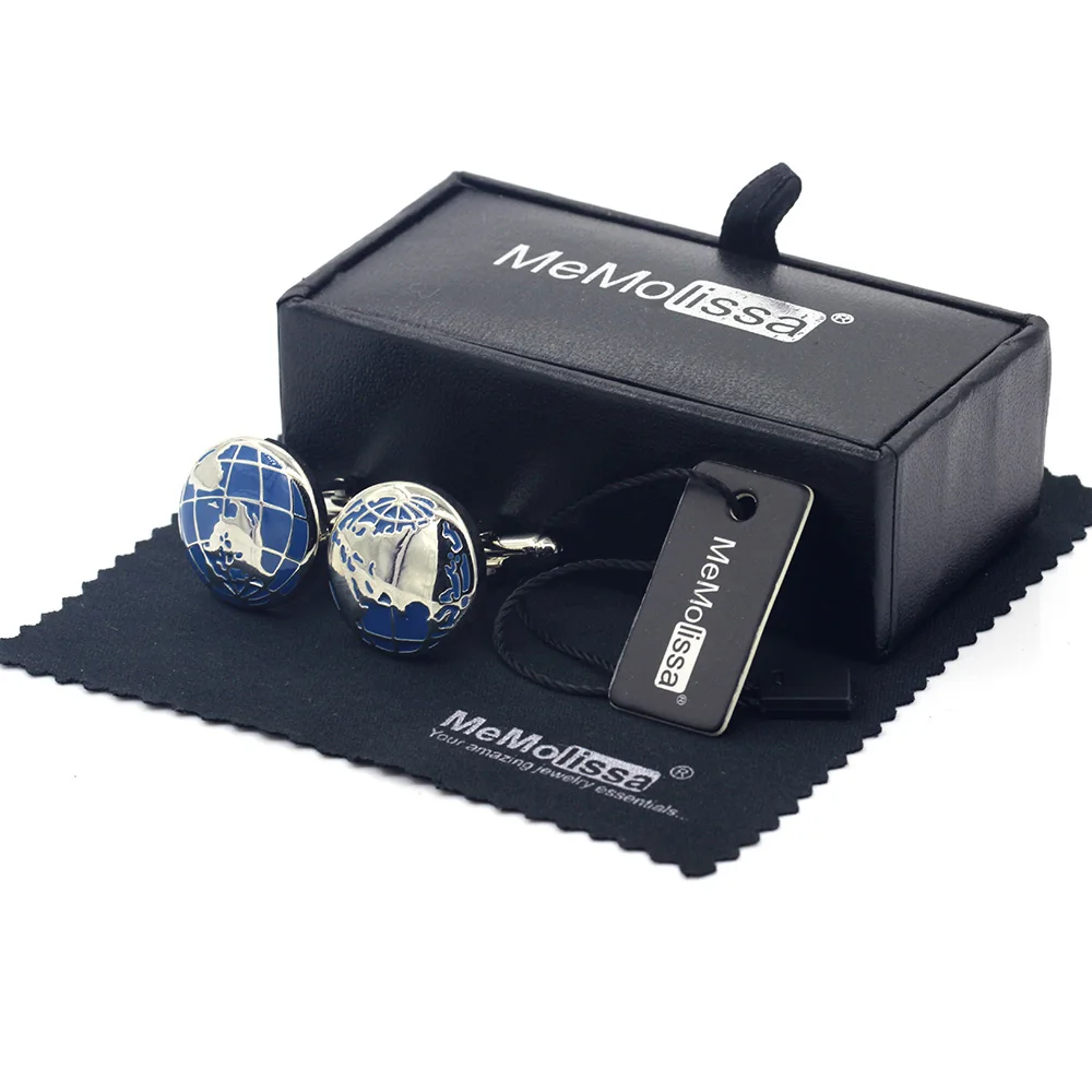 

MeMolissa Display Box Classic Earth Cufflinks Western Hemisphere Pattern Design with Blue Enamel Free Tag & Wipe Cloth