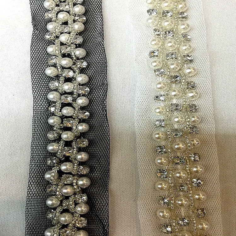 2 ярда белые и черные бусины ручной работы кружевная сетчатая лента аппликация