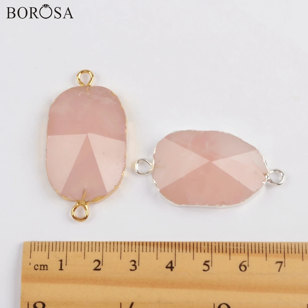 

BOROSA 5PCS Silver Plated Rose Quartzs Faceted Connectors Natural Pink Quartz Gild Charm for Women Bracelets Gifts G1812