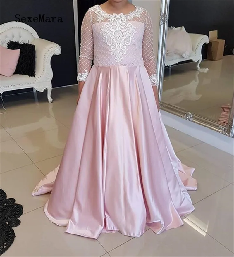 New Pink Flower Girl Dresses Long Sleeves Lace Appliques Satin Girls Formal Dress Kids First Communion Gown Custom Made