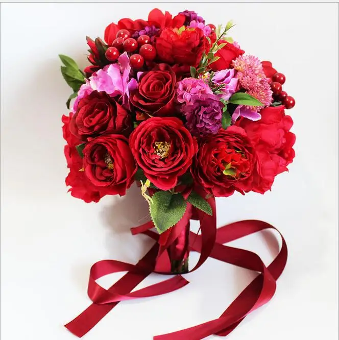 

DIY New Red rose Bride bridesmaid wedding hand holding rose flower bouquet flower simulation flower wedding hand holding flowers