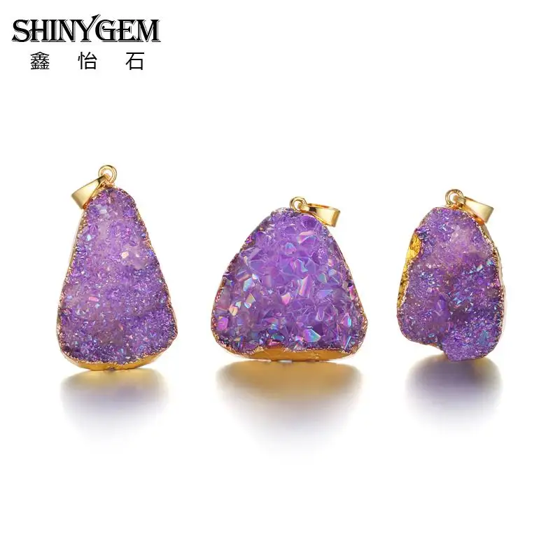 Purple Подвеска ShinyGem с натуральным друзным кристаллом, золотой край, несимметричный кристалл, опал, подвеска, чакра, натуральный камень, Подвески для изготовления ювелирных изделий - Окраска металла: Purple