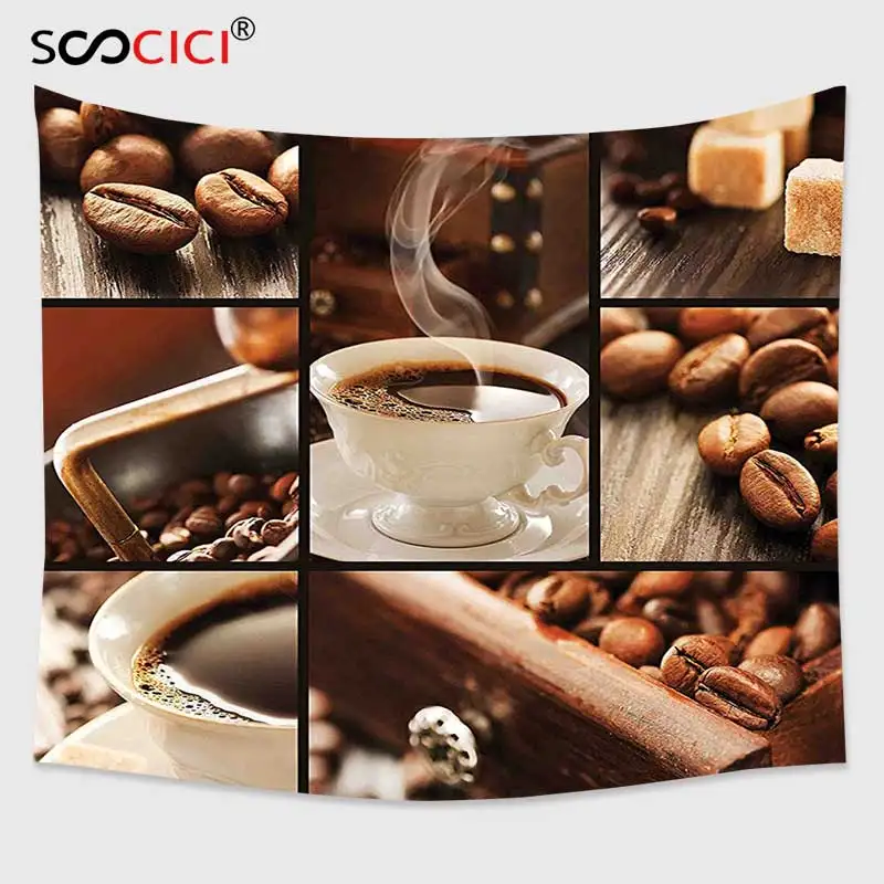 Настенный Гобелен Cutom коричневый винтажный коллаж с кофейными зернами и кружками