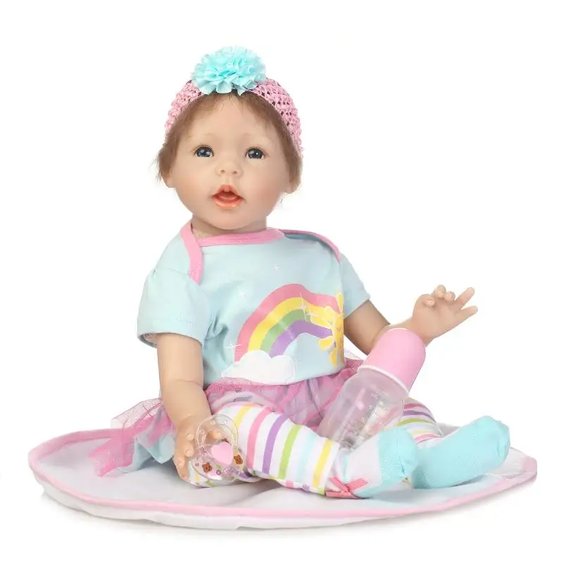 

55cm soft Silicone Vinyl Reborn Baby Girl Alive blue eyes Newborn Babies Doll in Rainbow skirt princess bebes doll toy gift