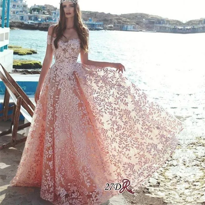 

Pink Muslim Evening Dresses A-line Sweetheart Lace Beaded Islamic Dubai Saudi Arabic Long Evening Gown Prom Dress