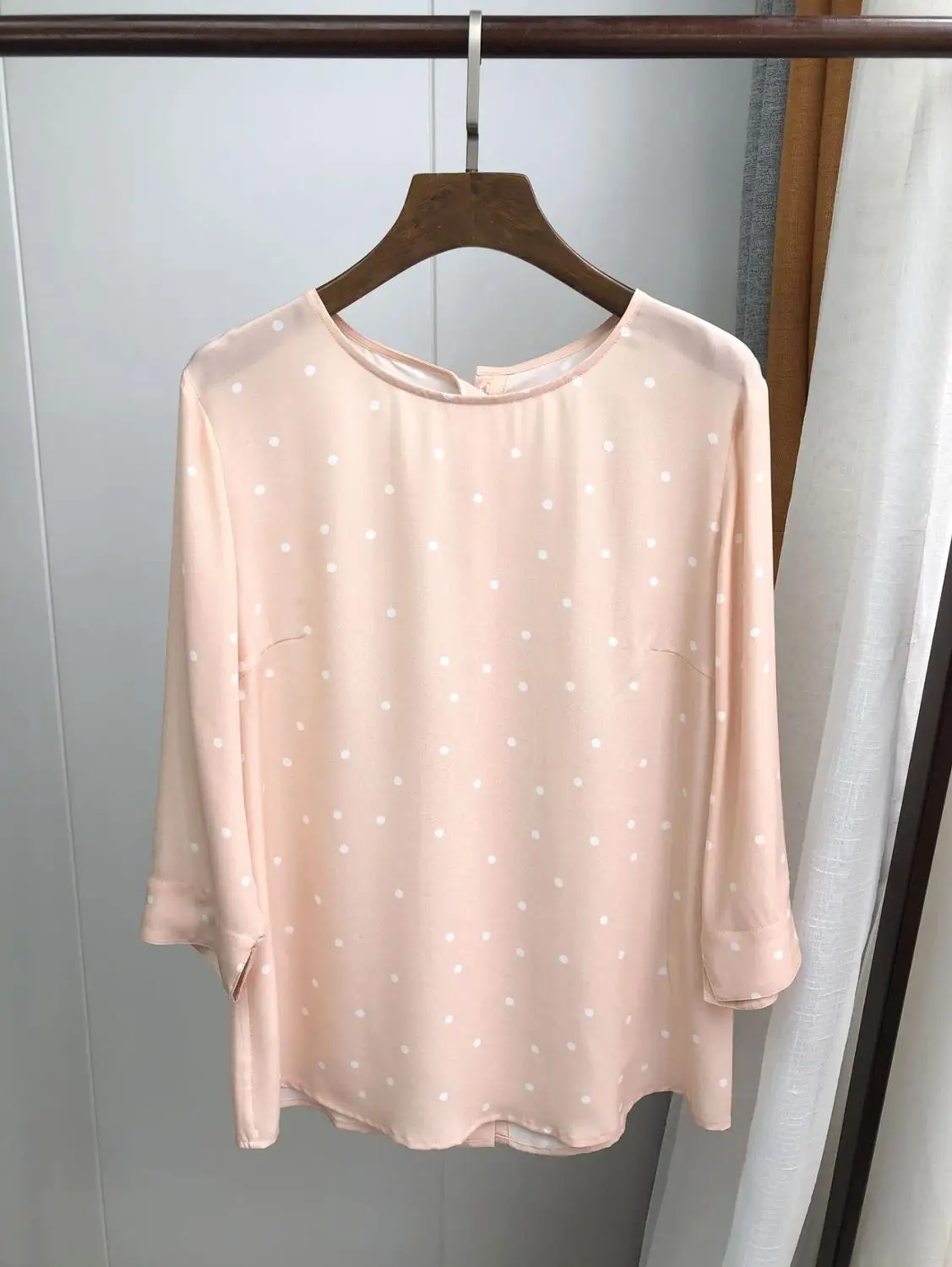 

100% Silk Women Pink Blouse Polka Dot Print Back Single-breasted Sweet Shirt Top 2019 New