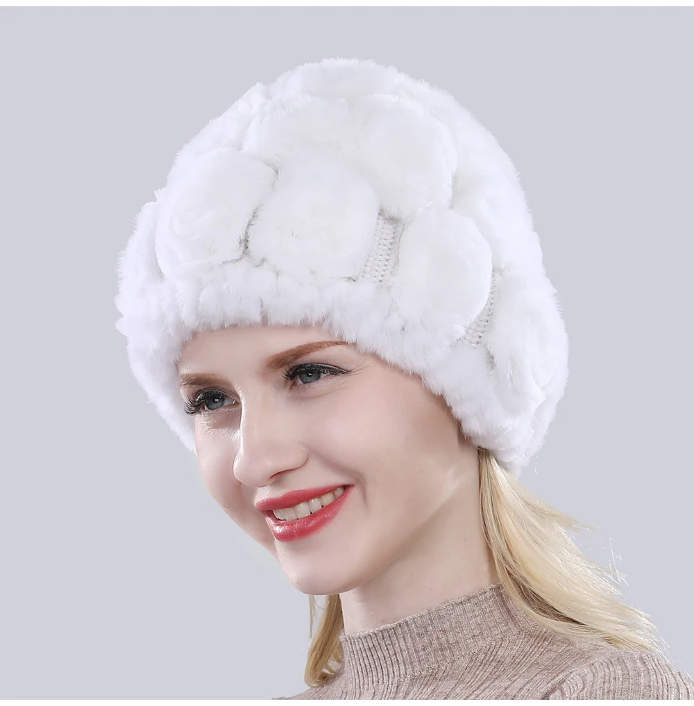 Новинка, женские вязаные шапки с цветочным рисунком, натуральный мех кролика Рекс, шапки, зимние женские шапки с натуральным мехом, Хорошие эластичные шапки из натурального меха