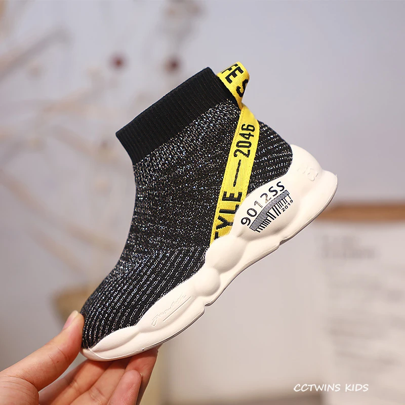 Kids Shoes Autumn Fashion Girls High Top Socks Shoes Boys Breathable Sports Sneakers Children Casual Black Trainers FH2465