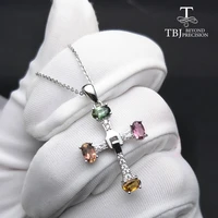 tbj elegant cross design with natural tourmaline multicolor gemstone necklace in 925 sterling silver fine jewelry with gift box