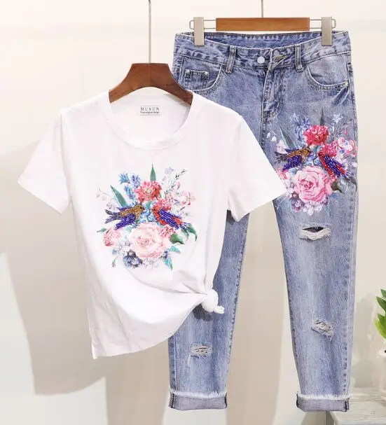 White Sets Amolapha женские бисерные футболки с цветочным узором+ джинсовые брюки повседневные комплекты одежды повседневные укороченные Джинсовые Костюмы - Цвет: White Sets