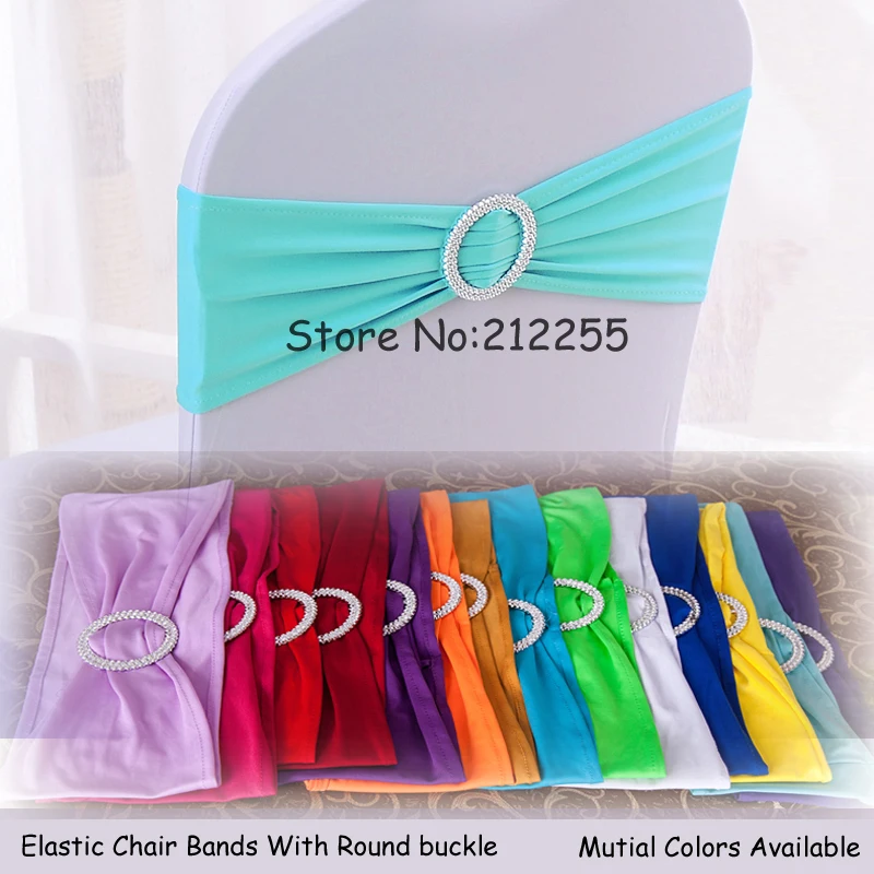 

Wholesales/Retail 100 Pieces Chair Elastic Spandex Chair Bands With Round Plastic Buckle Wedding Decoration Plain Dyed 10012