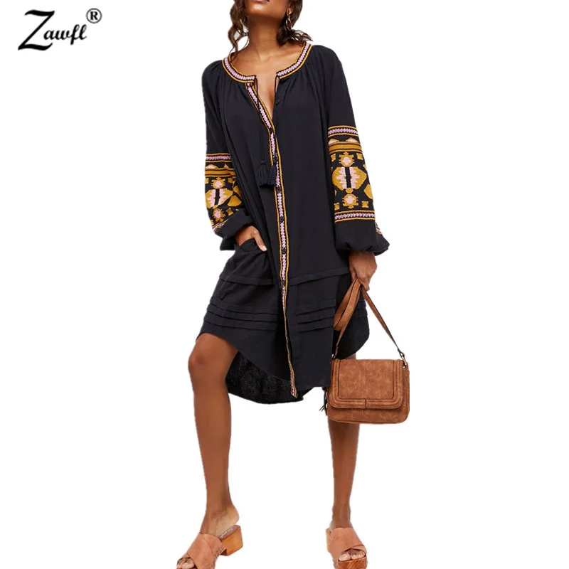 ZAWFL 2020 г. новейшая мода женское свободное черное белое платье с вышивкой|embroidery