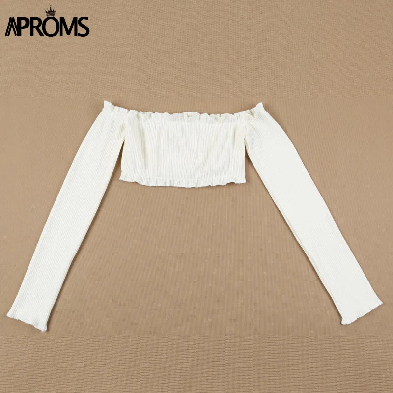 Aproms, желтый топ с открытыми плечами и оборками, женские короткие футболки, футболка, сексуальная эластичная майка, укороченный топ, Повседневные Вечерние топы 90s - Цвет: Белый