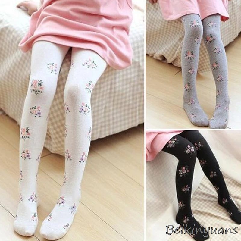 Детские весенне осенние колготки из чесаного хлопка с цветочным принтом для
