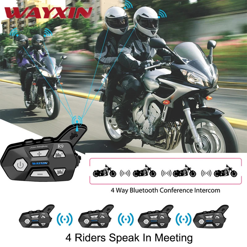 WAYXIN шлем гарнитуры 1500 м 4 всадника говорящий в то же время Bluetooth домофон для мотоцикла R9 Fm 1 шт домофон мотоцикл