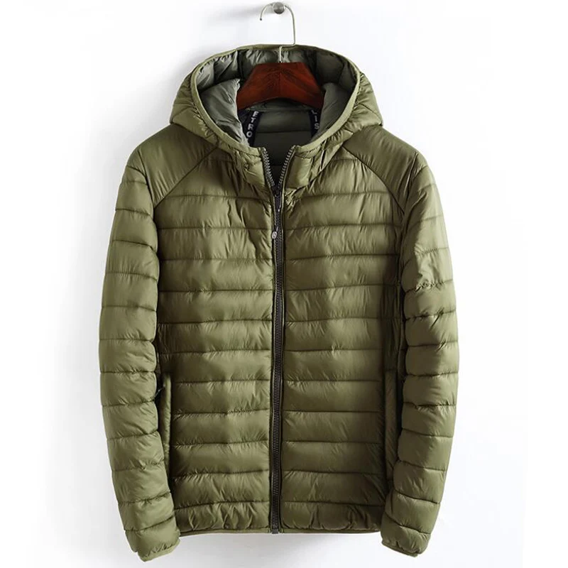 Army green Сверхлегкая Зимняя Куртка мужская с капюшоном Тонкая пуховая куртка повседневная простая Легкая стеганая куртка мужская ветровка верхняя одежда парки - Цвет: Army green