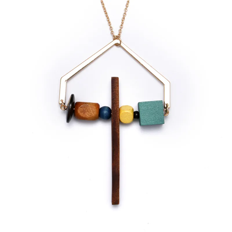 new free shipping fashion ladies jewelry Geometric figure multi - element with wood pendant metal girl necklace design Trend | Украшения и