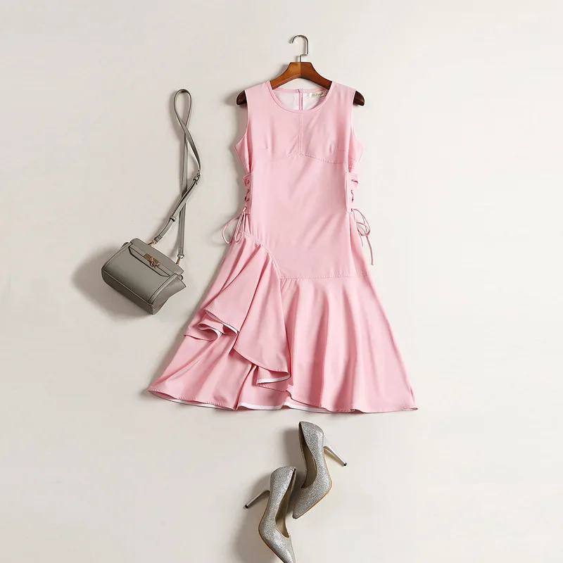 

High Quality Summer Irregular Pink Dress Vestidos Verano 2021 Women Sleeveless Midi Ruffle Dress Robe Femme D2062