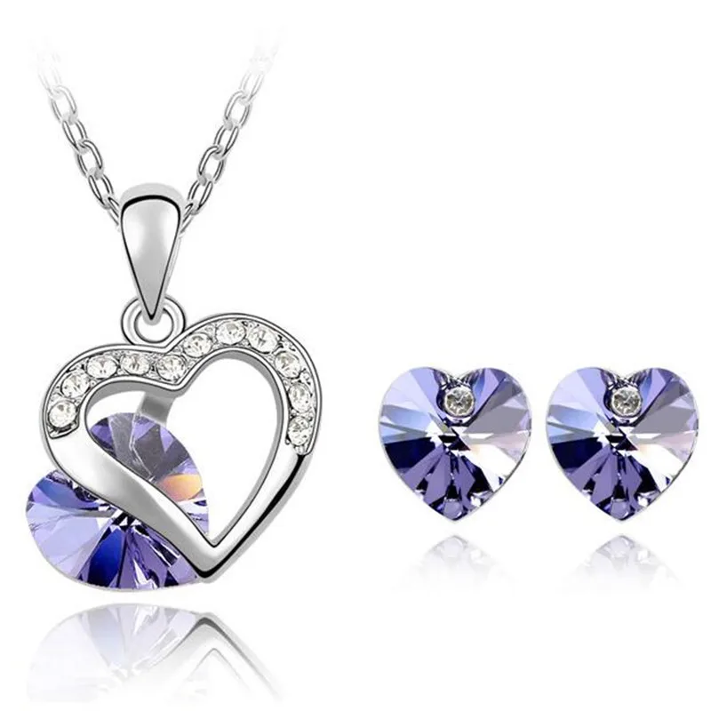 SHDEDE кристалл Swarovski сердце кулон ожерелье серьги гвоздики Свадебные вечерние Ювелирные наборы Подарки для женщин-4351 - Окраска металла: Purple