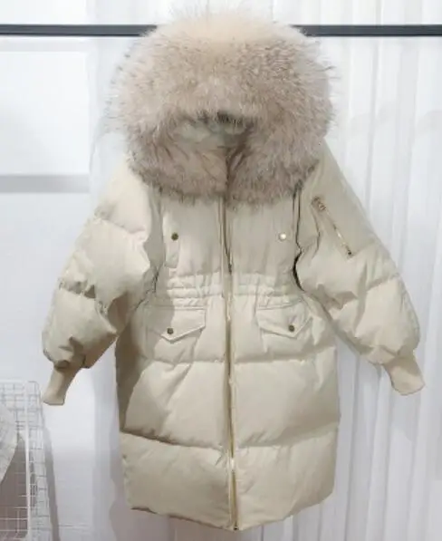 Beige 1 Большой натуральный мех енота, зимняя новая куртка, женские парки для женщин, белый пуховик на утином пуху, Толстая теплая женская зимняя куртка с капюшоном - Цвет: Beige 1