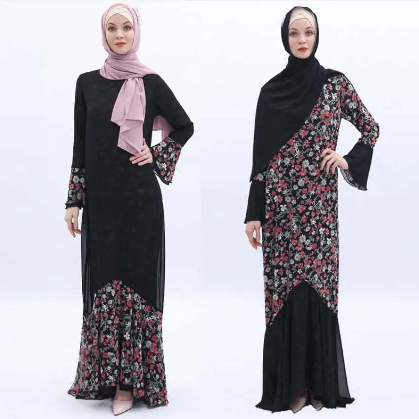 Мусульманские могут носить обе стороны поддельные из двух частей с цветочным принтом шифоновое мусульманское платье абайя Женский музыкал...