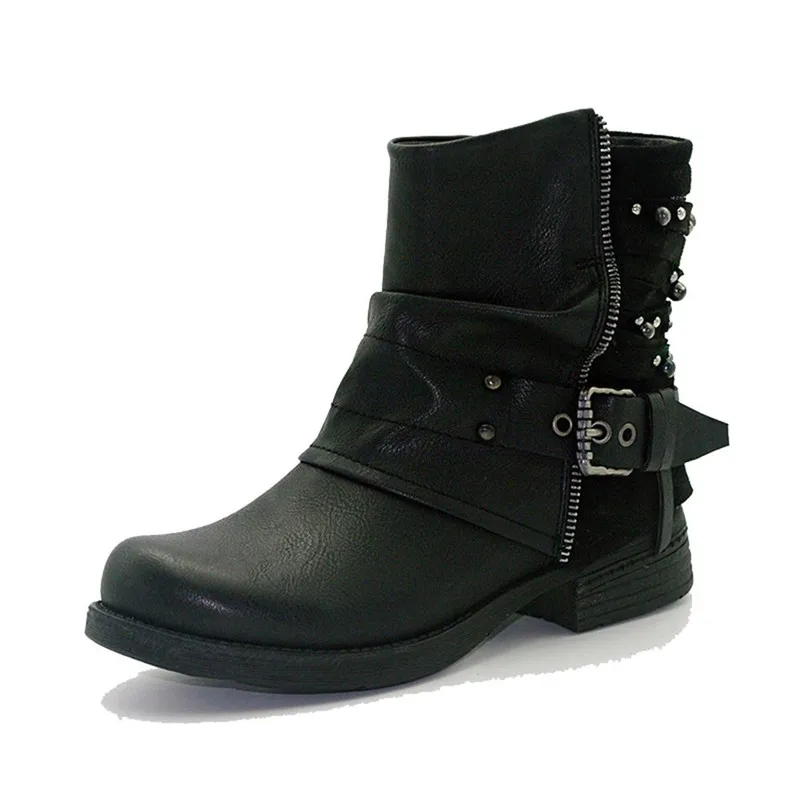 MVVJKE Handmade Rivet Leather Ladies Ankle Boots Winter Fashion Short Plush Zip Buckle Western Motorcycle Strap Punk E167 | Обувь