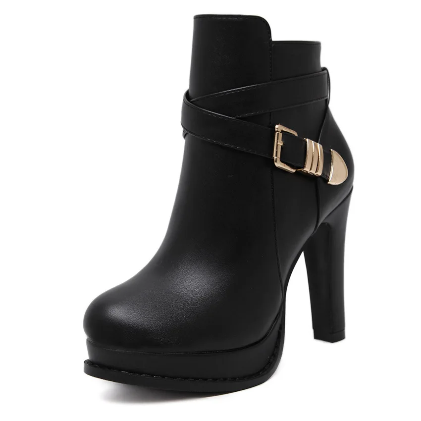 Размер обуви 34 2016 Осень Круглый Носок Боковой Молнии на высоком каблуке мартин