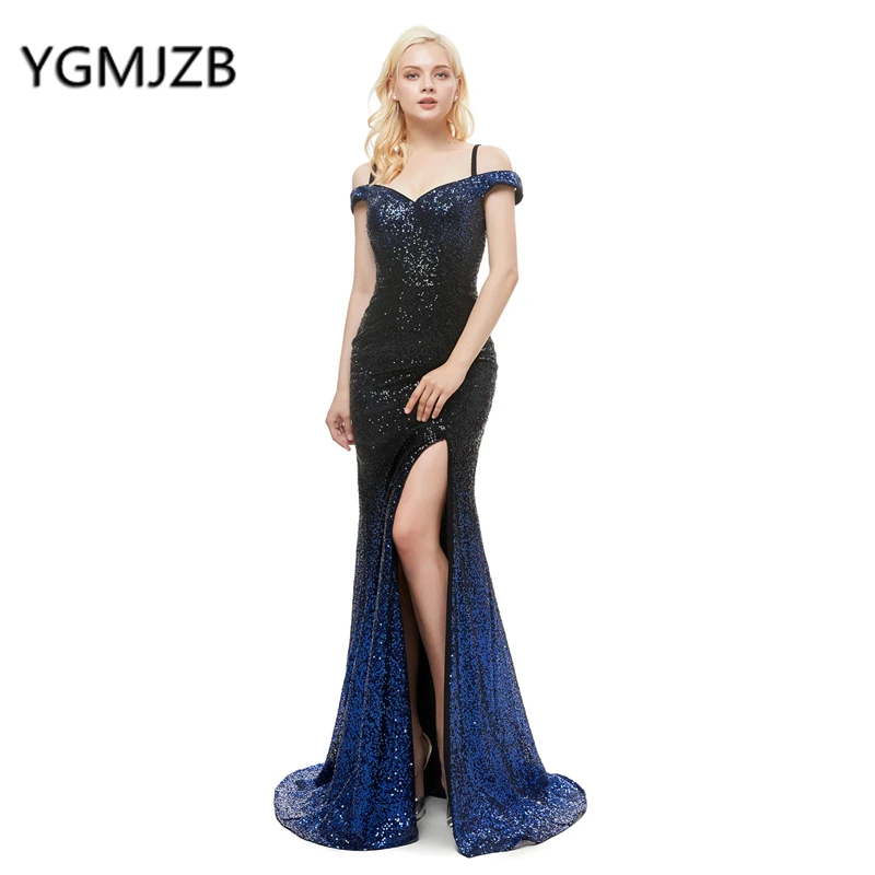 

Navy Blue Sequin Evening Dresses 2019 Mermaid Sweetheart High Slit Saudi Arabia Women Formal Party Dress Vestido De Festa