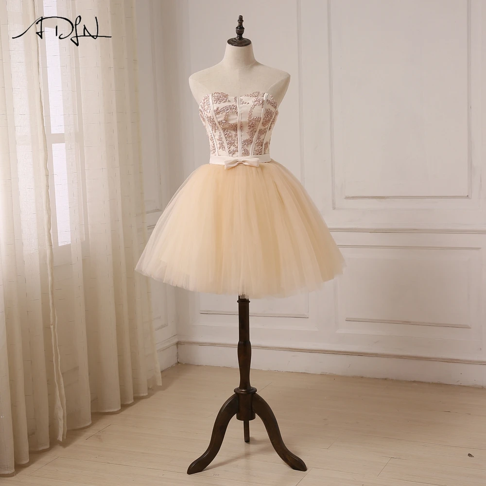 ADLN вечерние платья цвета шампана короткая возлюбленная безрукий Тюль A Line