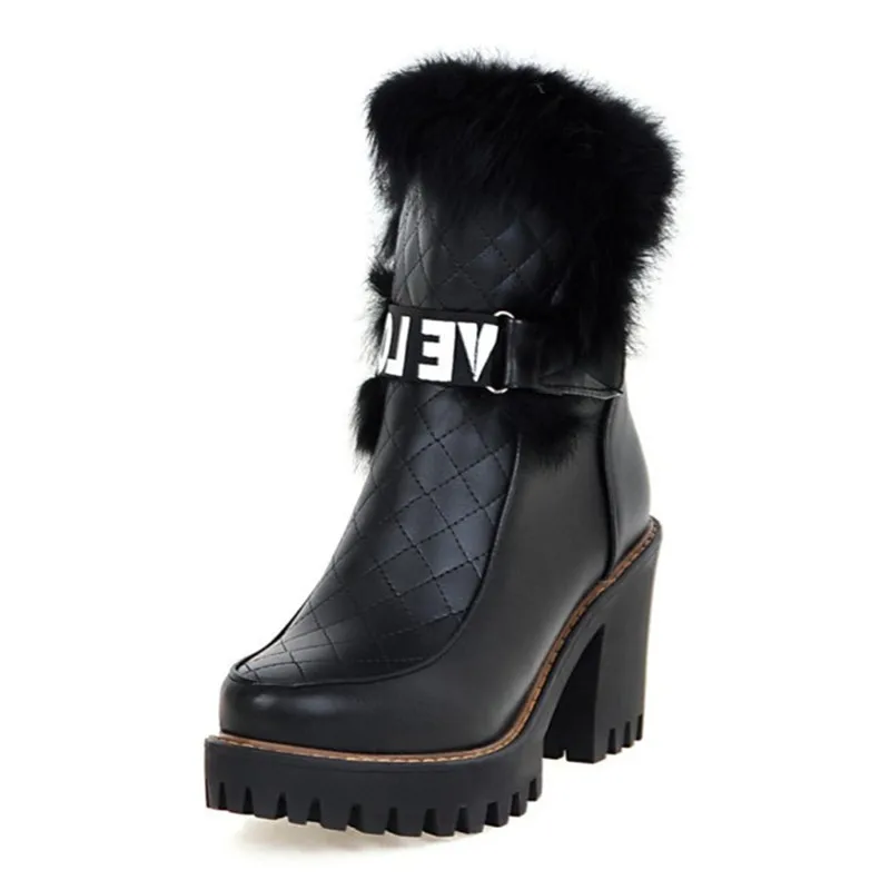 Теплые женские зимние ботинки на платформе и толстом каблуке водонепроницаемая