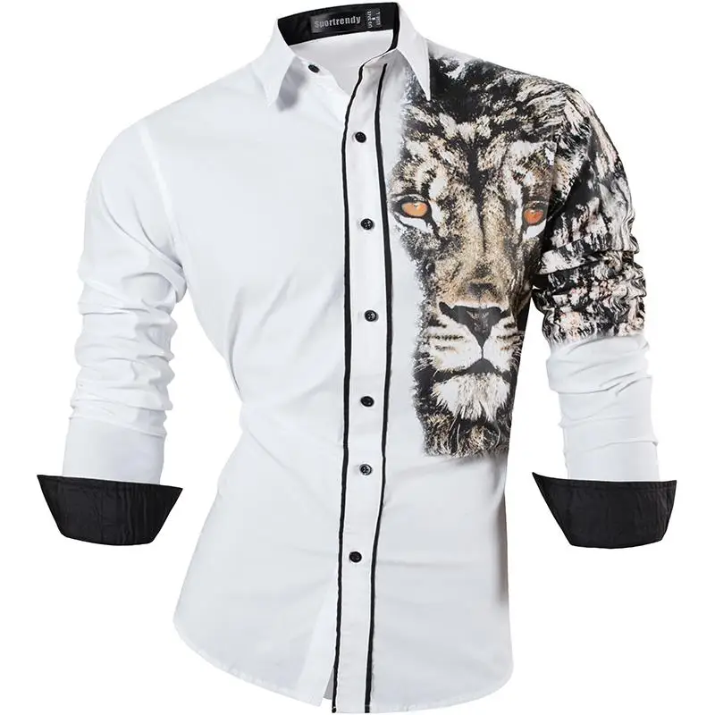 JZS049-White Sportrendy Мужская рубашка платье повседневное с длинным рукавом Slim Fit Мода Дракон стильный JZS041 - Цвет: JZS049-White