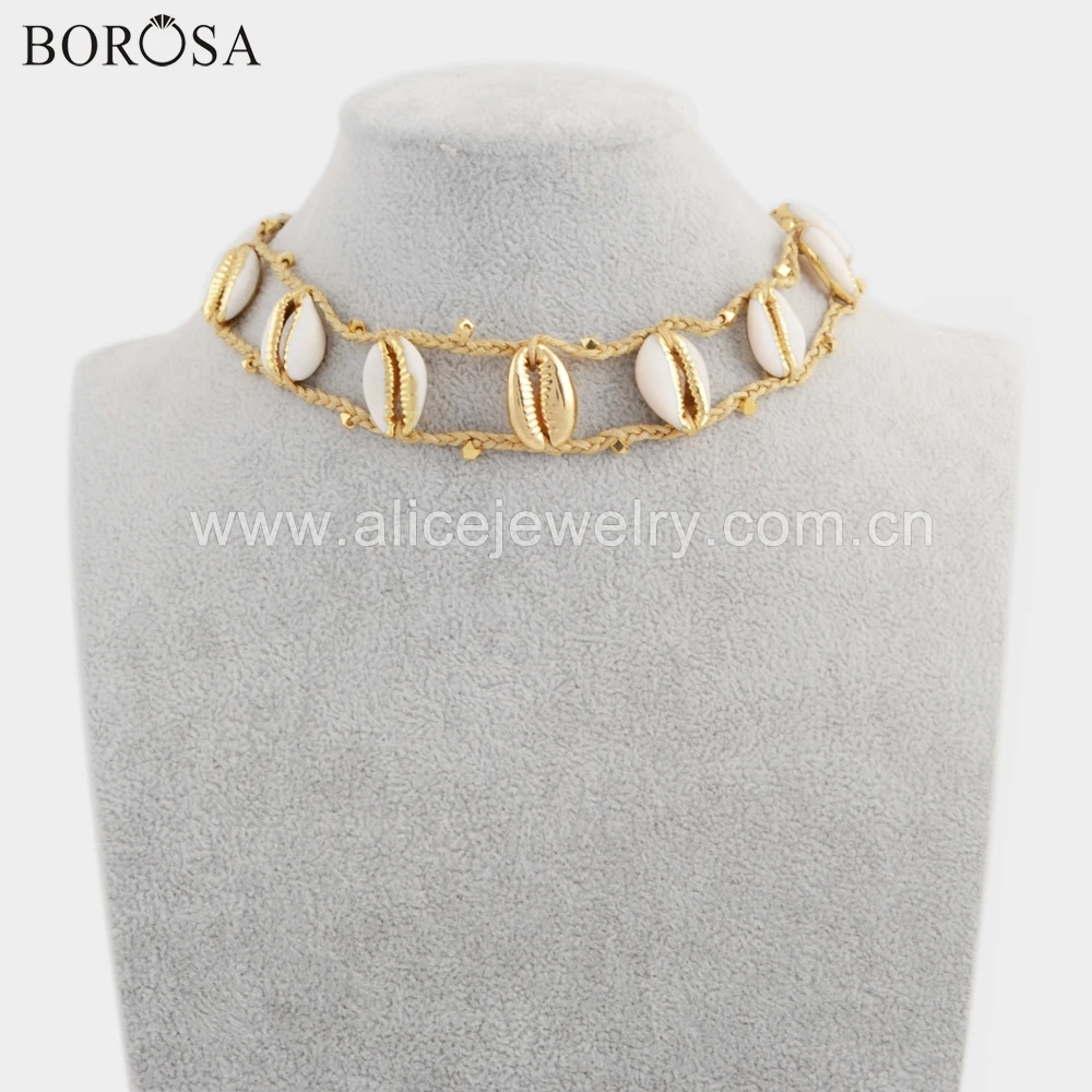 

BOROSA 2PCS Handmade Necklace Jewelry, Fashion Eleven Gold Color Natural Cowrie Shell Adjustable Rope Choker Jewelry HD0020