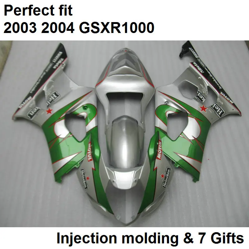 

100% fit for Suzuki injection molding fairings GSXR1000 2003 2004 silver green fairing kit GSXR1000 03 04 NP47