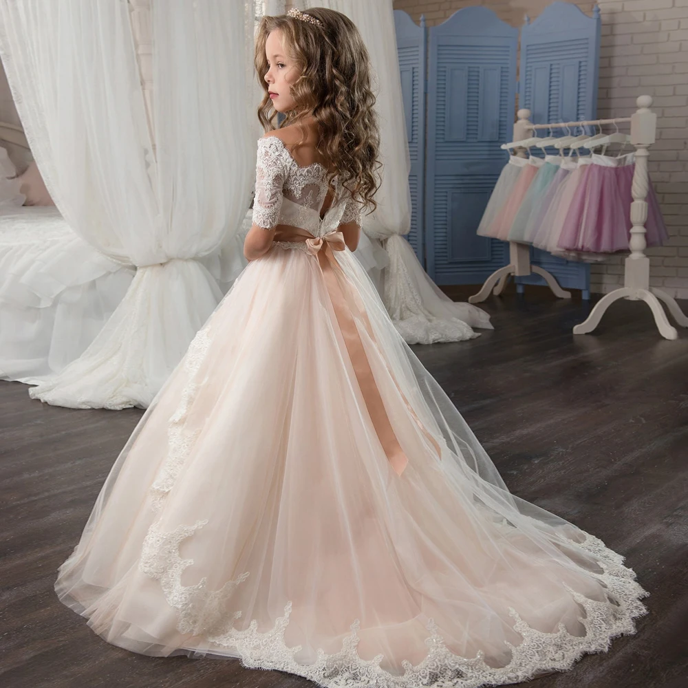 Holy Communion Dress with Lace Half Sleeves Sash Champagne Tulle Ball Gown 2017 for Girls Custom Made | Свадьбы и торжества