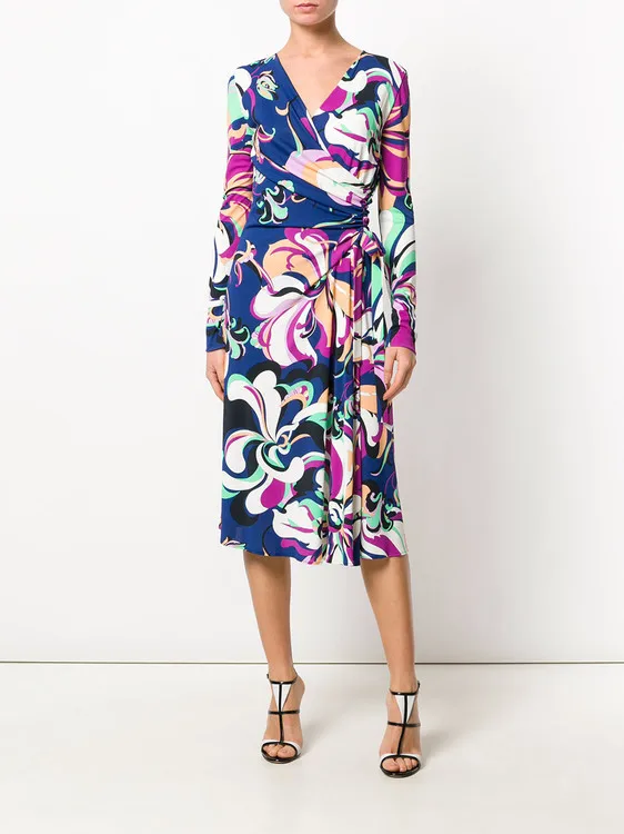 Новинка модный показ длинные рукава принт обернутый стиль эластичное