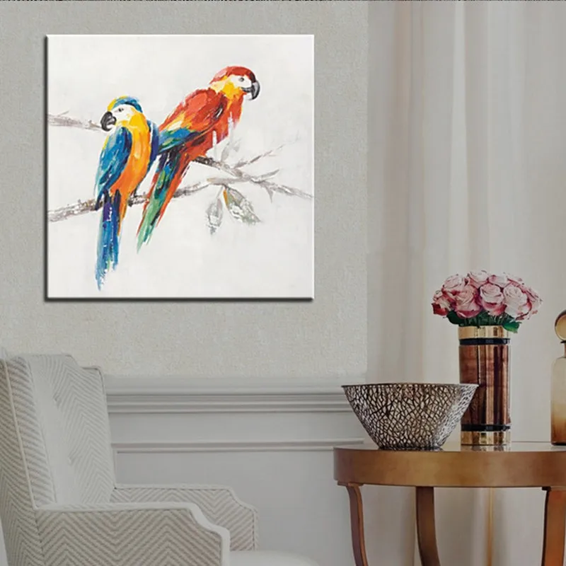 Large Handpainted Abstract Cartoon Oil Paintings on Canvas Modern Home Decor Wall Art Cute Animal Parrot Birds Painting Pictures | Дом и сад