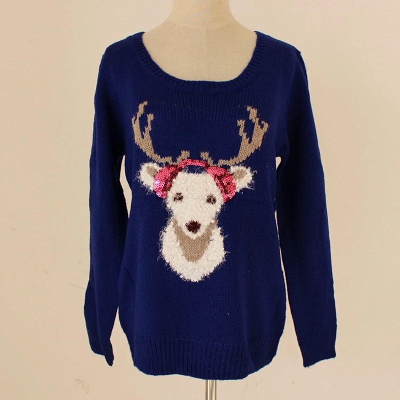 Ugly Sweater Christmas Women Deer Embroidery Sequines Knitted Pullover Jumper Top Autumn Winter Sueter Mujer pull femme C89593 | Женская