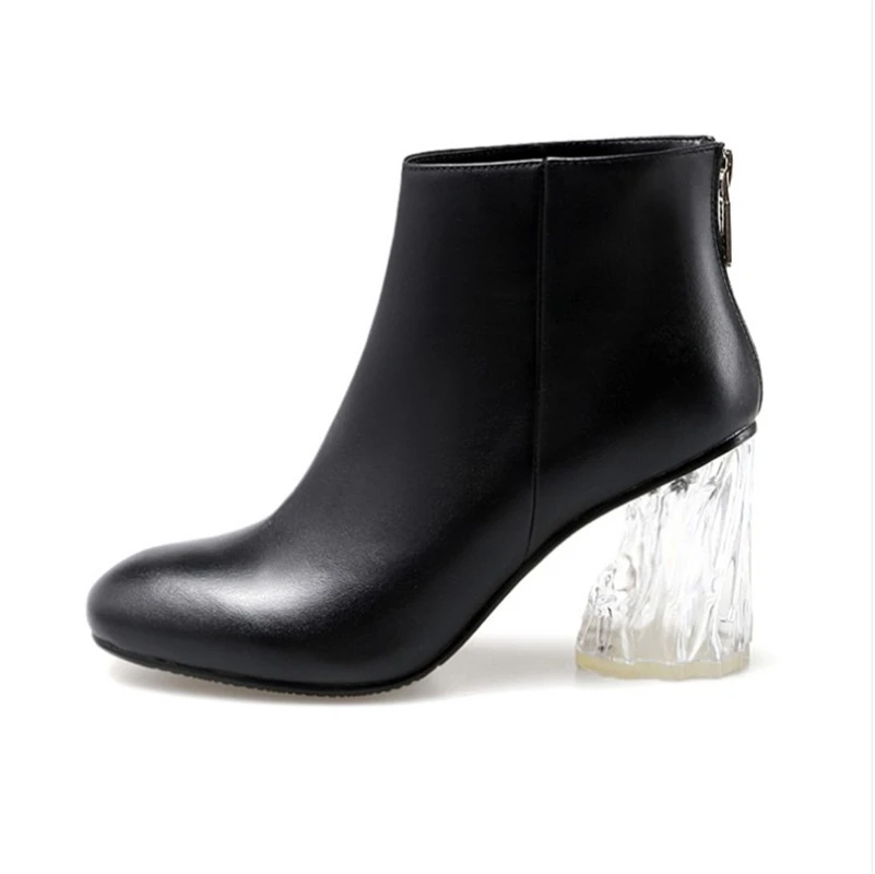 Top Quality Women Winter Boots Genuine Leather Square Toe High Heel Black Transparent Back Zipper Ankle | Обувь