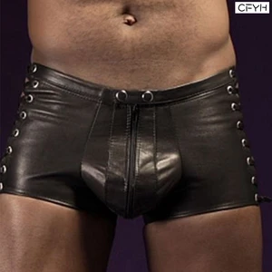 New Men Lingerie Patent Leather Boxer Shorts Underwear Underpants with O-Ring Sexy Leopard Male Boxe