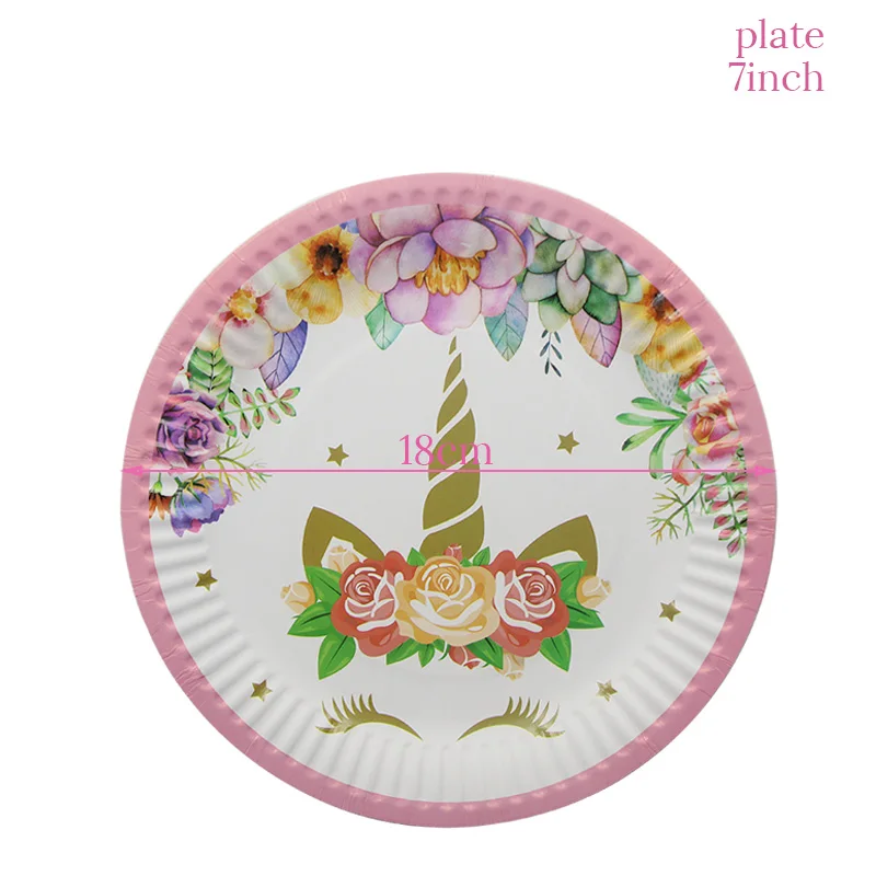 10pcs 7inch Plate 51/81 шт. Вечерние принадлежности с единорогом для украшения дня рождения, одноразовые столовые приборы, набор бумажных тарелок, чашка, баннер, декор для девочек - Цвет: 10pcs 7inch Plate